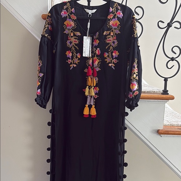 Ranna Gill Dresses & Skirts - Embroidered Black Boho Maxi Dress with Tassels